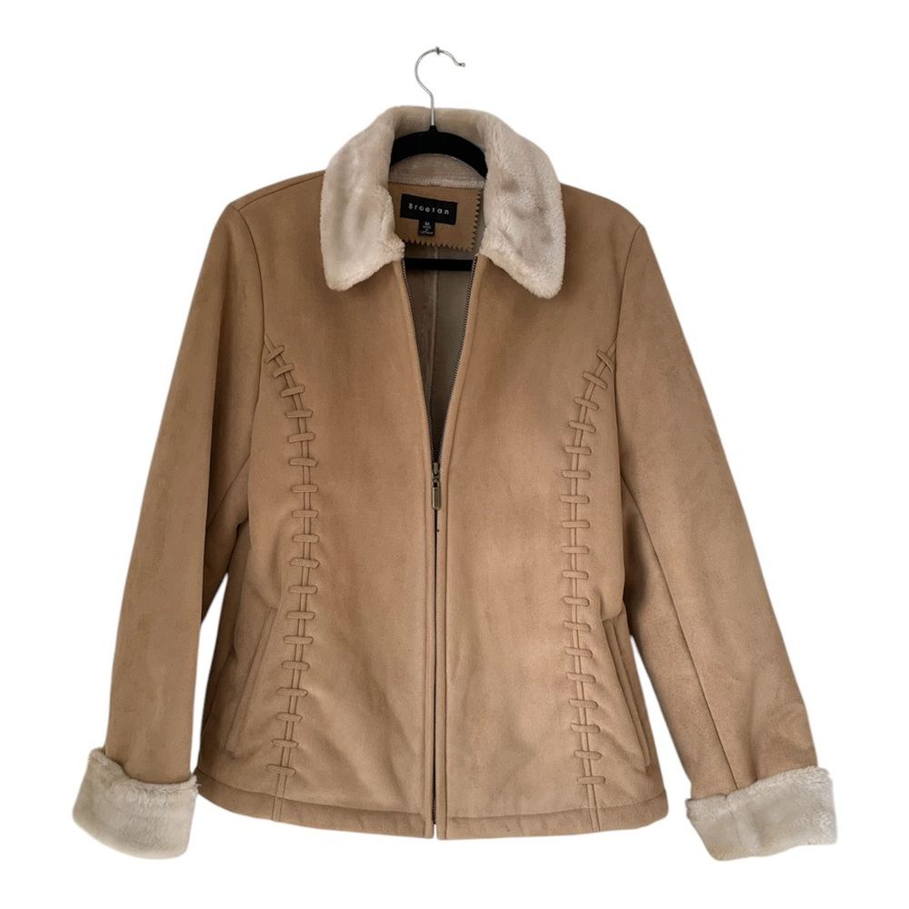 Y2K Braetan Coat‎ Women's Faux Suede Fur Lined Pockets Tan Zip Penny Lane Sz M
